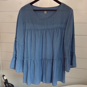 Cato Blue Tiered Blouse with 3/4 Sleeves